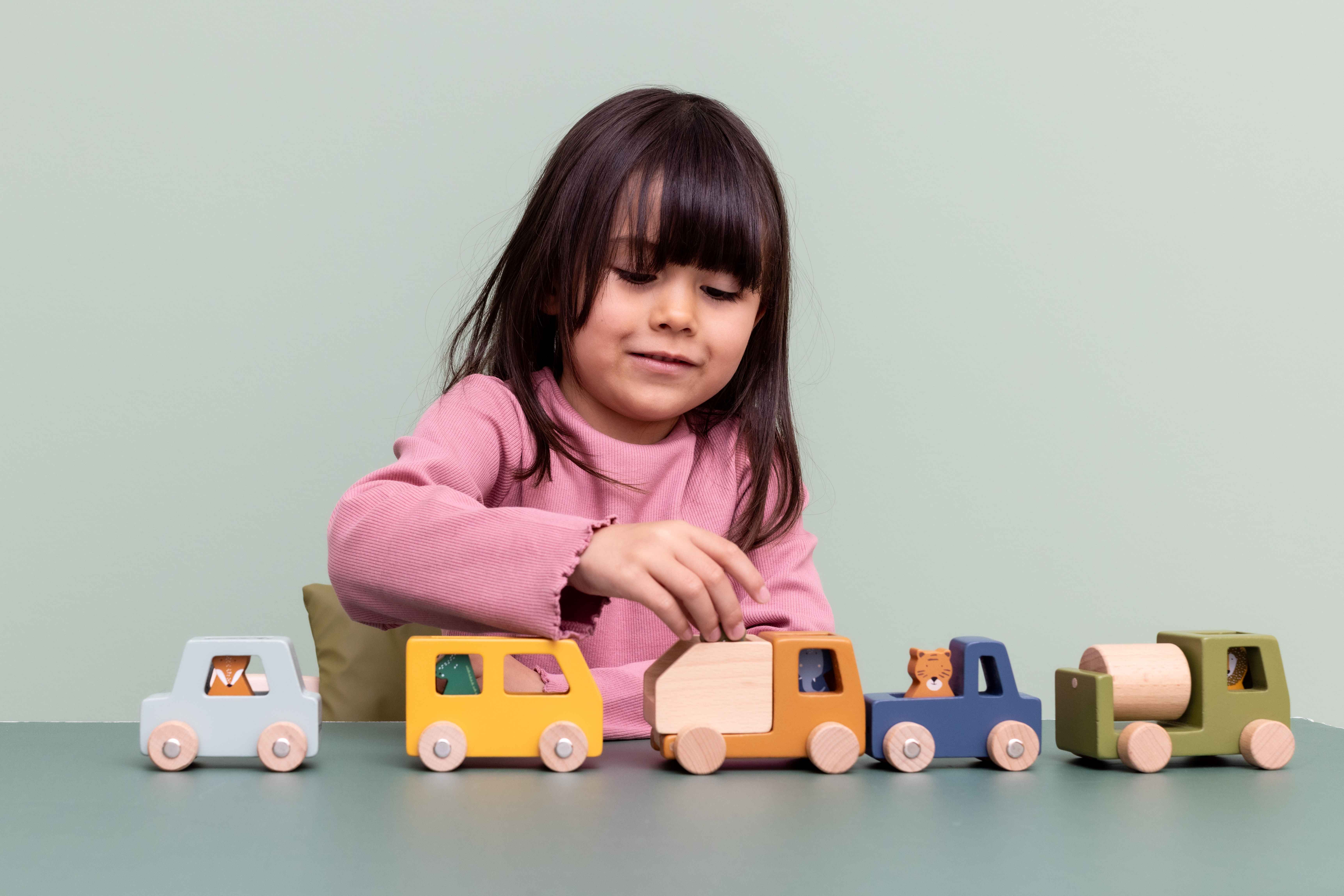 Jeu de voitures de chantier animaux en bois